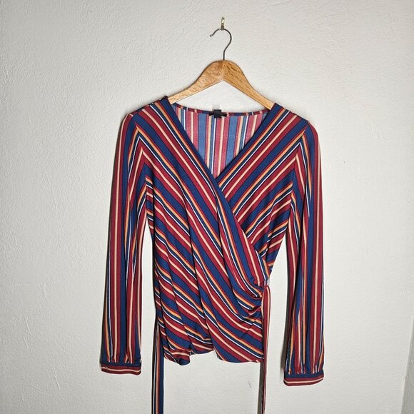 Office Wear, Ann Taylor Petite Striped Wrap Top SP Red & Blue Long Sleeve - Picture 1 of 12